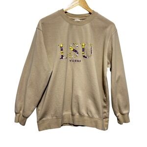 LSU Tigers Womens Sweatshirt L Tan Floral Embroidered Collegiate Preppy Cozy